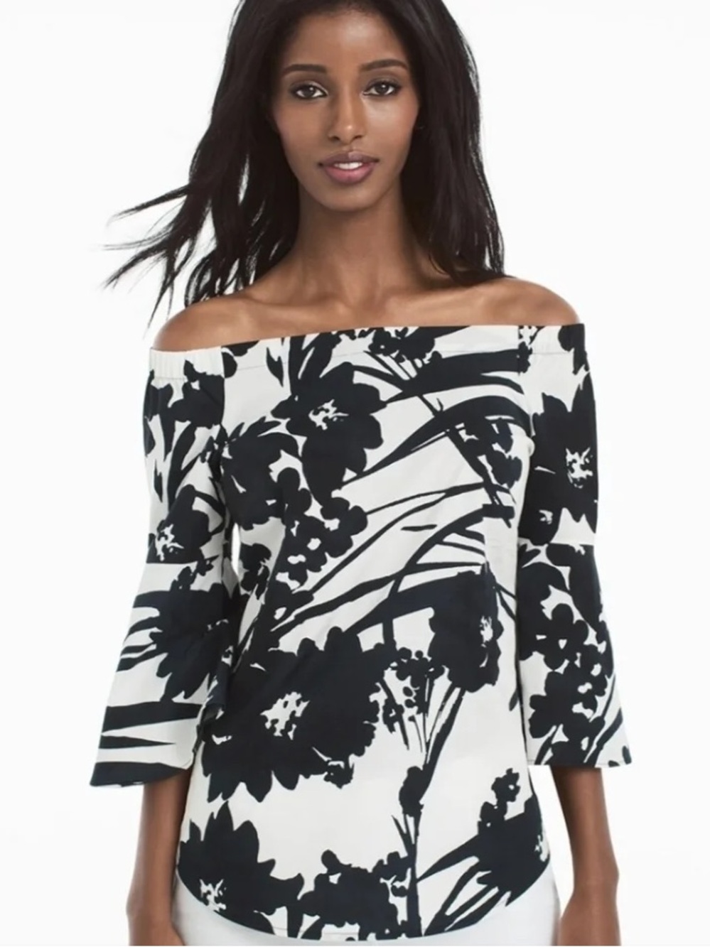 WHBM Black & White Off-Shoulder Floral  Bell Sleeve Tunic Top Blouse NWOT Sz. L